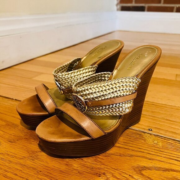 Coach Beatriz Women Sz 6.5 Wedge Heel Platform Sandal Gold Tan Brown Slingback - Picture 6 of 16